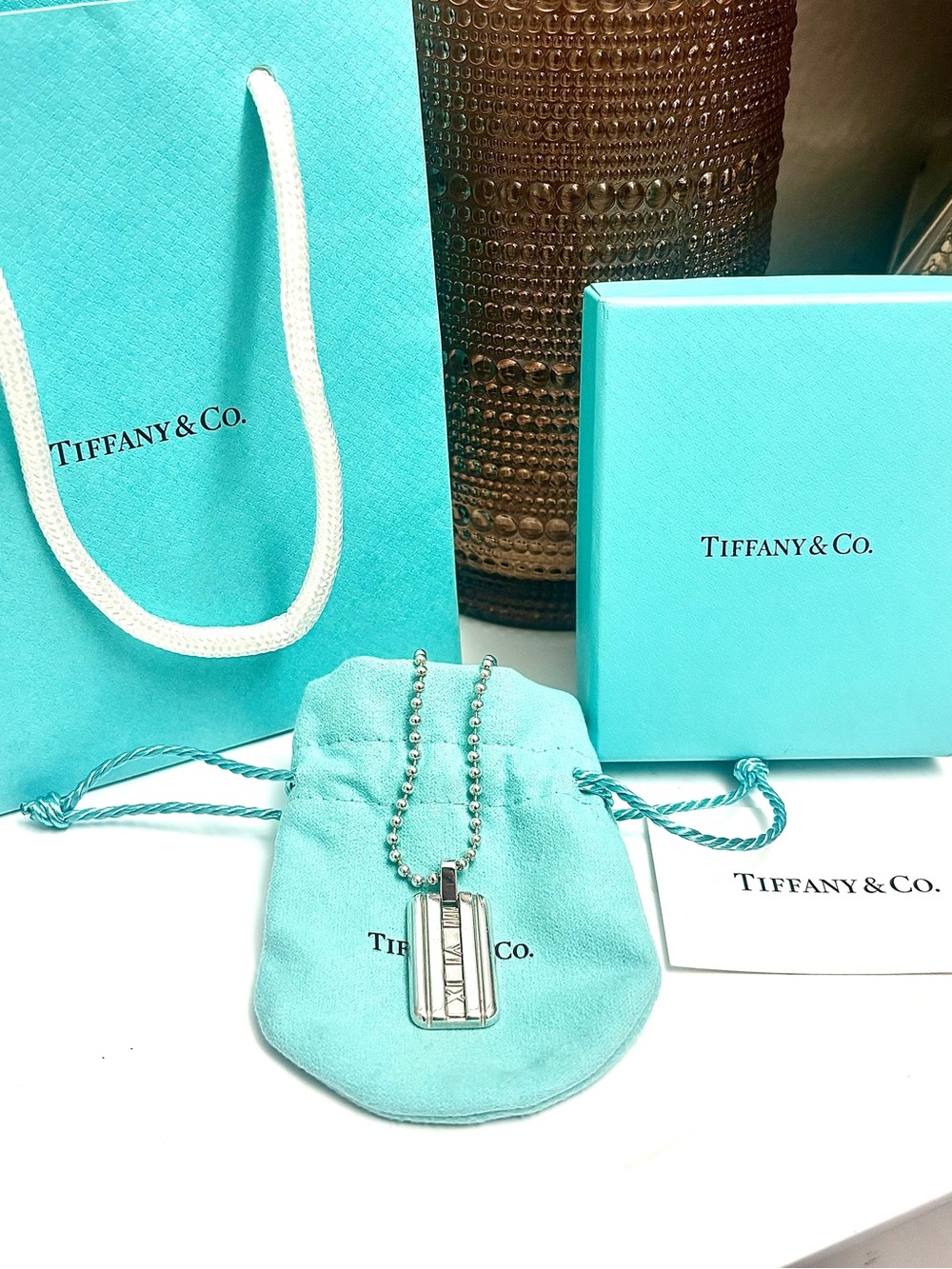 Authentic Tiffany & Co. Atlas Dog Tag Pendant Bead Necklace